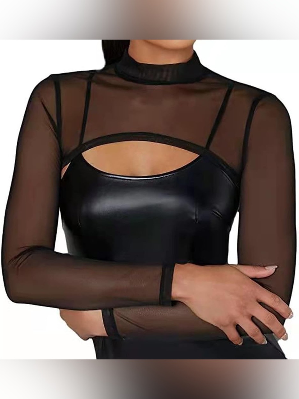 Black Mesh Cutout Long Sleeve Women's Top